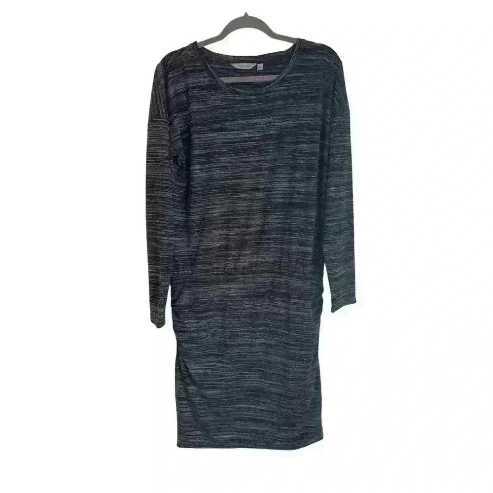 Athleta Beyond Soft Avenues Blouson Dress Black Gray Stripe 866702 Women’s Sz M